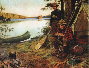 [pipe-smoking fly fisherman at camp]